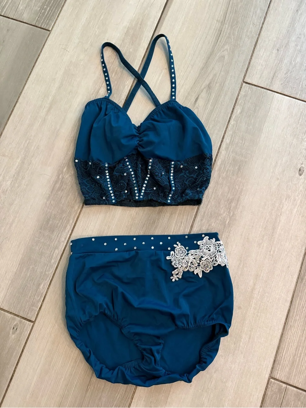 Teal Two-Piece Dance Costume Set with Lace & Rhinestones